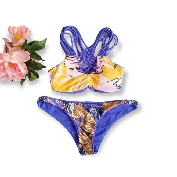 Maaji Blue Floral Reversible Strappy Cheeky Bikini Set S M - Picture 2 of 13